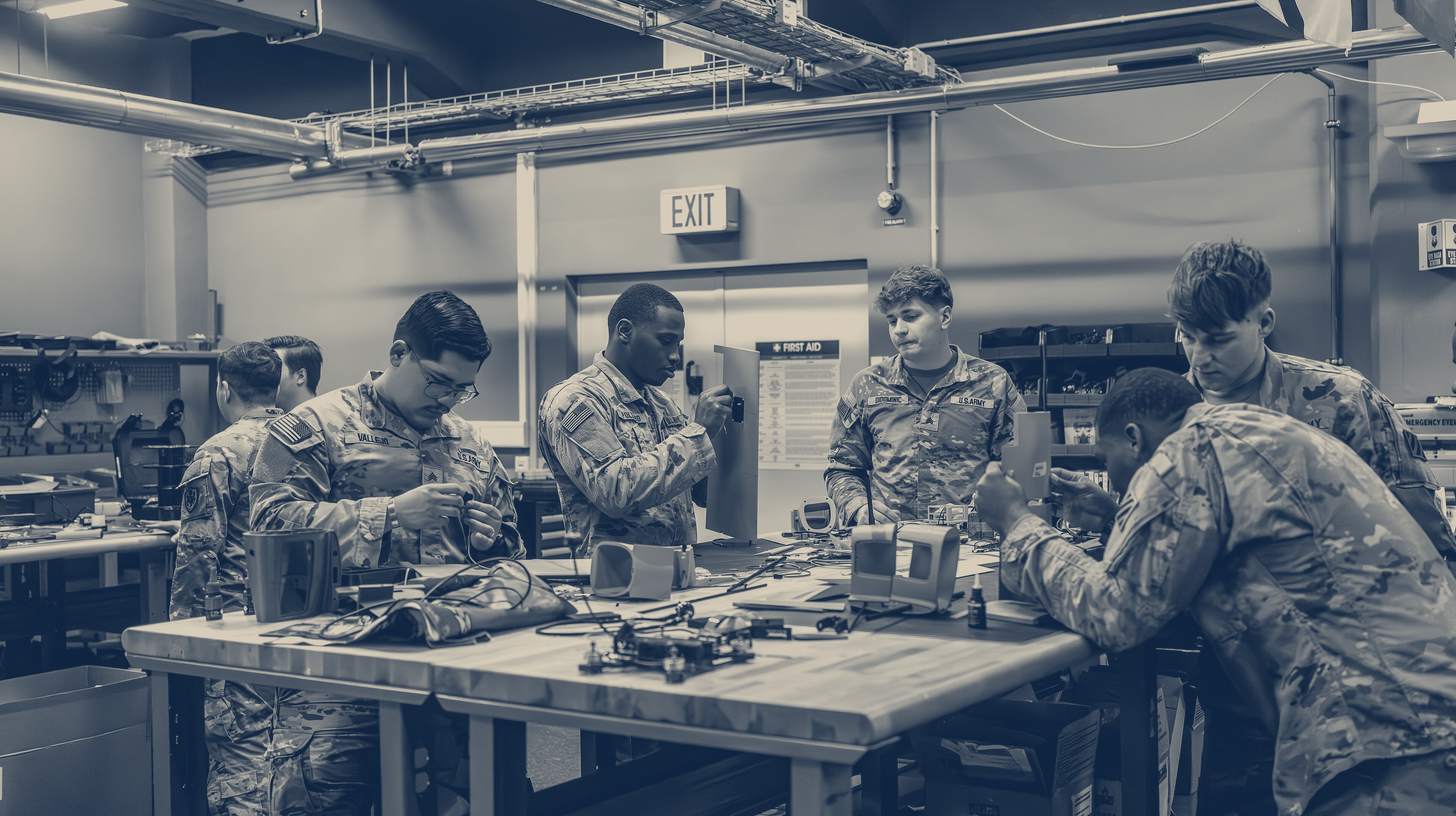 Two-tone U.S. Army photo of 2nd Multi-Domain Task Force soldiers assembling drones at a workbench in Mainz-Kastel, Germany.
