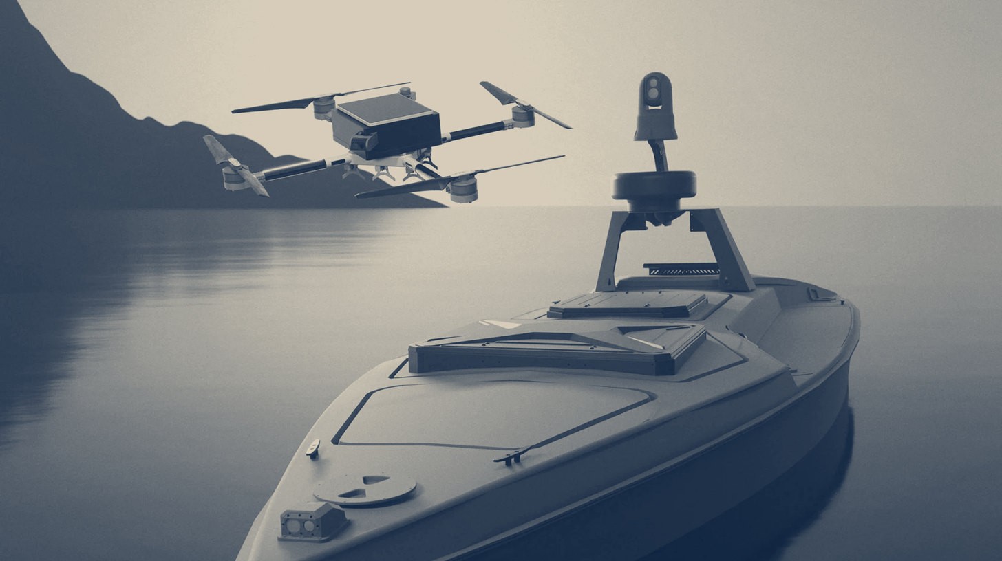 Two-tone UFORCE rendering, not a photograph, of a Magura uncrewed surface vessel on calm water with a quadcopter drone lifting off its deck.