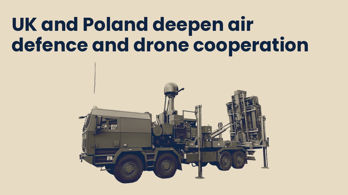 A Polish Mala Narew CAMM air defence launcher and radar on a Jelcz truck, isolated on a plain sand background.