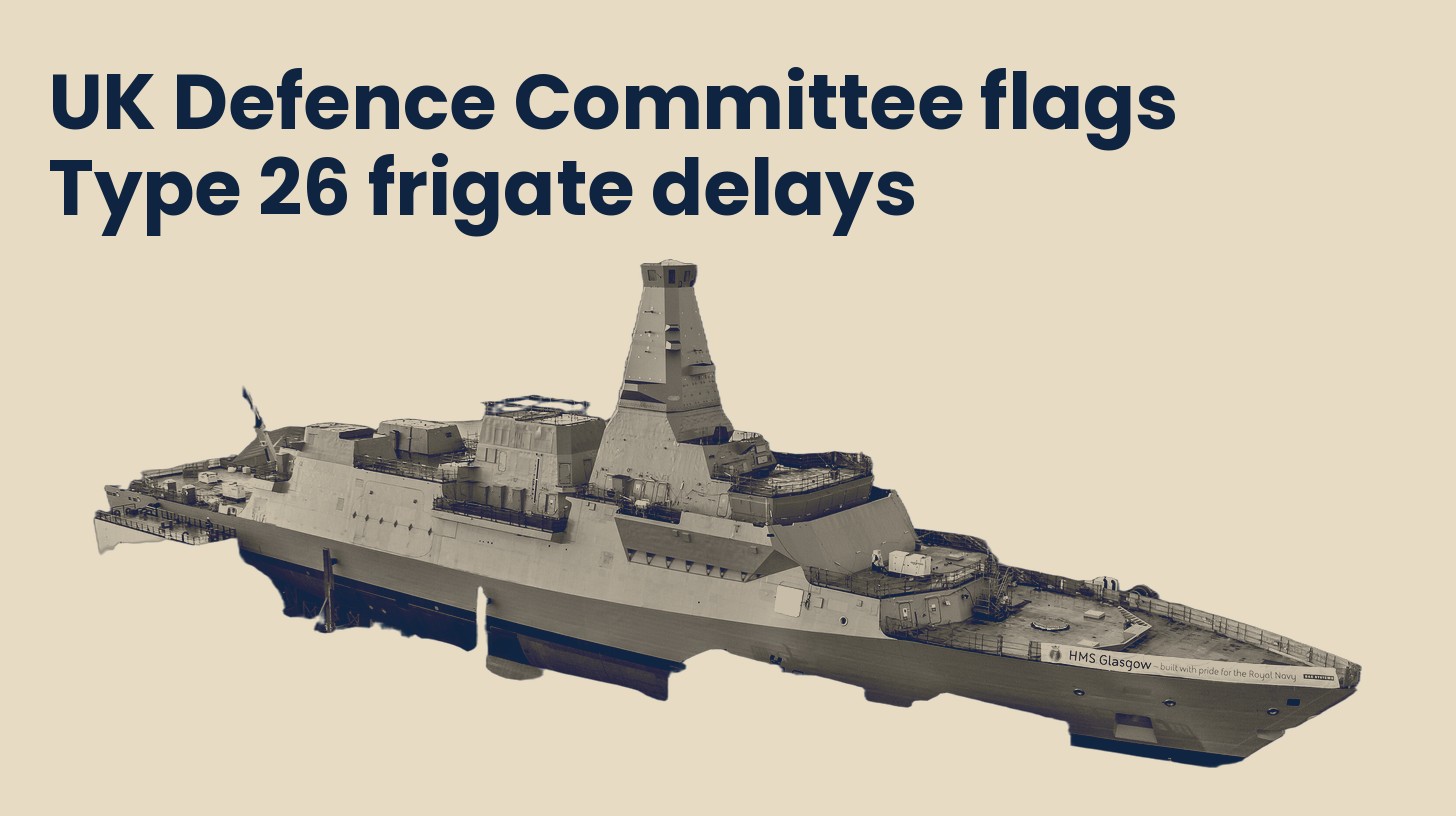 The Royal Navy Type 26 frigate HMS Glasgow in side view, isolated on a plain sand background.