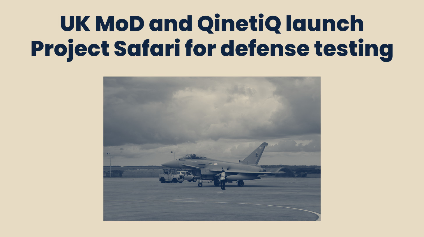 Two-tone photo of a Eurofighter Typhoon on the apron at MOD Boscombe Down, the QinetiQ-run test airfield, a stand-in and not a Project Safari trial, set below the headline "UK MoD and QinetiQ launch Project Safari for defense testing."