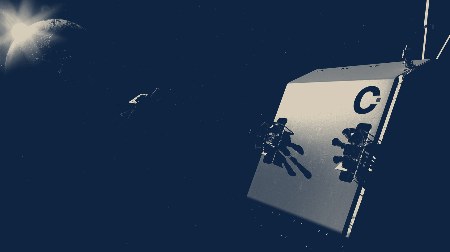Two-tone ClearSpace rendering, not a photograph, of a ClearSpace capture spacecraft closing on a defunct satellite in orbit.