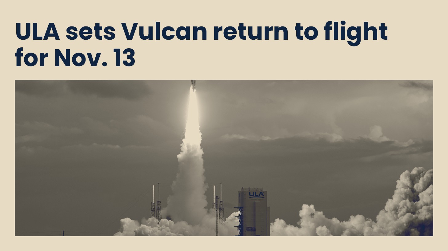 A United Launch Alliance Vulcan rocket lifts off from Space Launch Complex 41 at Cape Canaveral on its second certification flight in October 2024, in navy and sand tones.