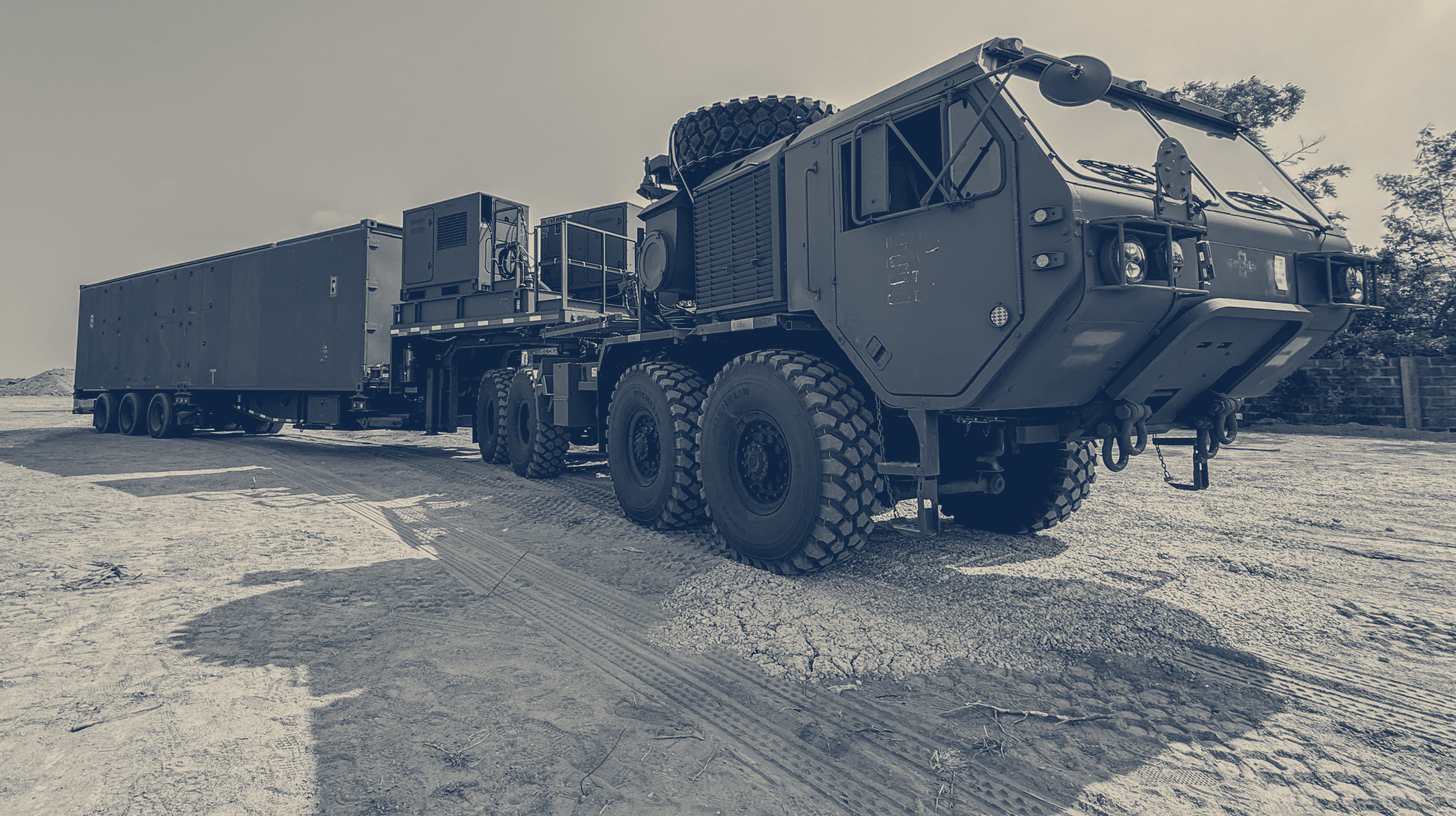 Two-tone U.S. Army photo of a Typhon Mid-Range Capability launcher on its truck arriving on Northern Luzon, Philippines, for Salaknib, April 2024.