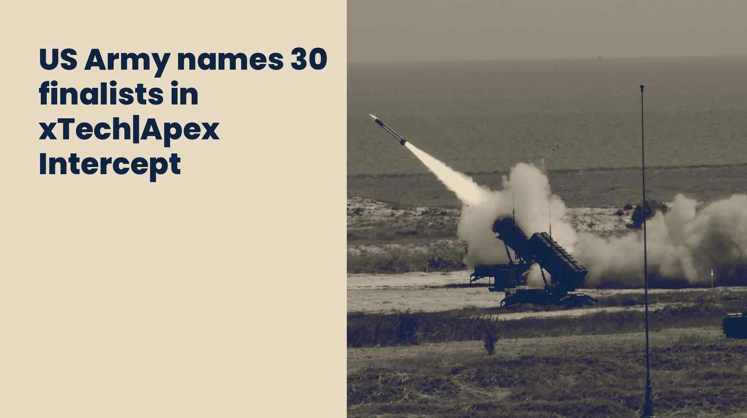 A Patriot launcher fires an interceptor over a coastal range, in Sand duotone beside the headline.