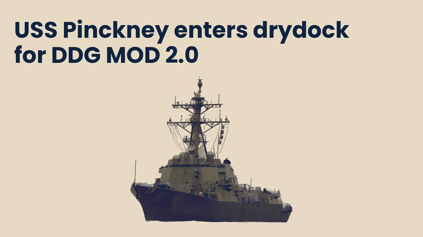 Duotone cutout of the destroyer USS Pinckney underway in side profile, on a sand background.