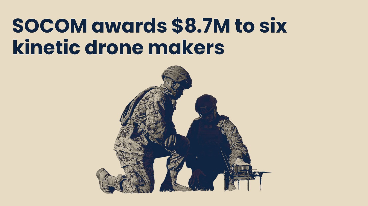 Two Marines kneeling to prepare a small FPV attack drone, isolated on a plain sand background.
