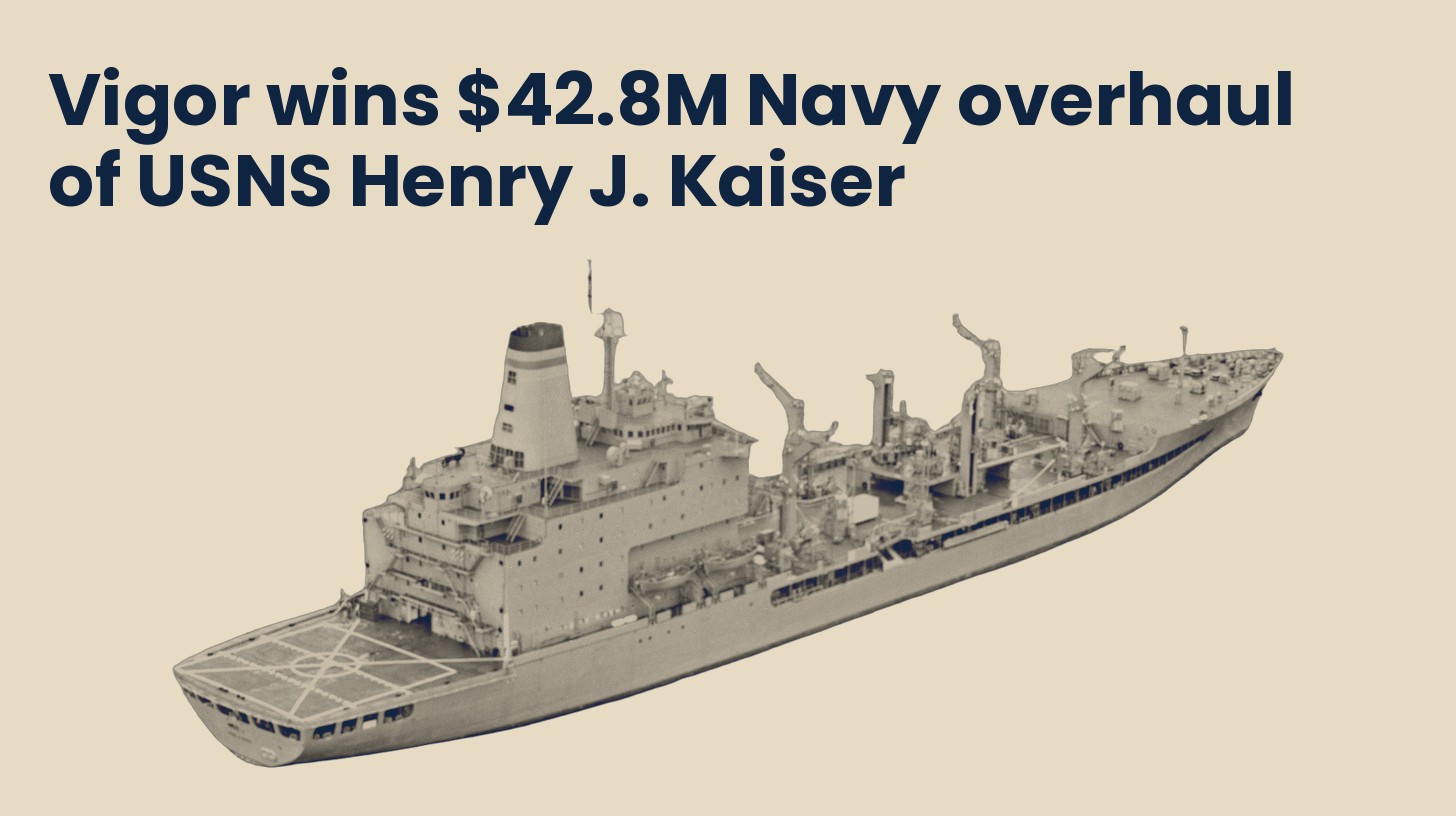 The fleet oiler USNS Henry J. Kaiser under way, seen from above off the starboard quarter, isolated on a plain sand background.