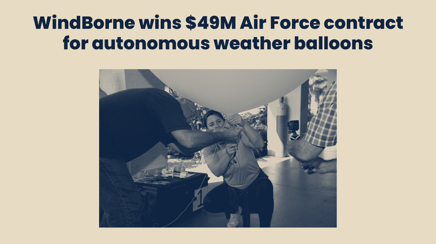 Two-tone NASA photo of meteorologists releasing a weather balloon, a stand-in that is not a WindBorne balloon, set below the headline "WindBorne wins $49M Air Force contract for autonomous weather balloons."