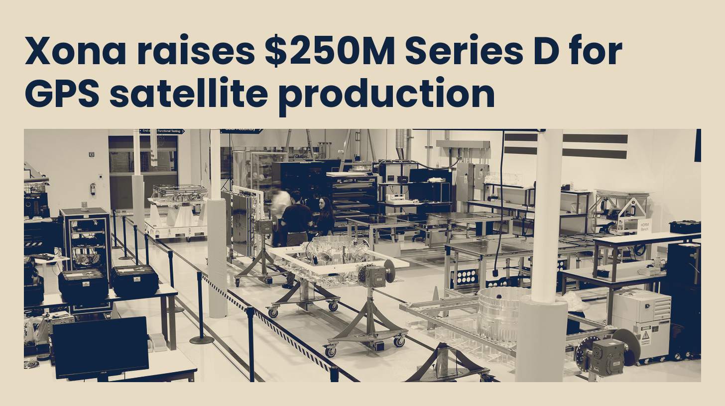 Xona Space Systems satellite production floor with workstations labeled for propulsion, thermal testing, and guidance.