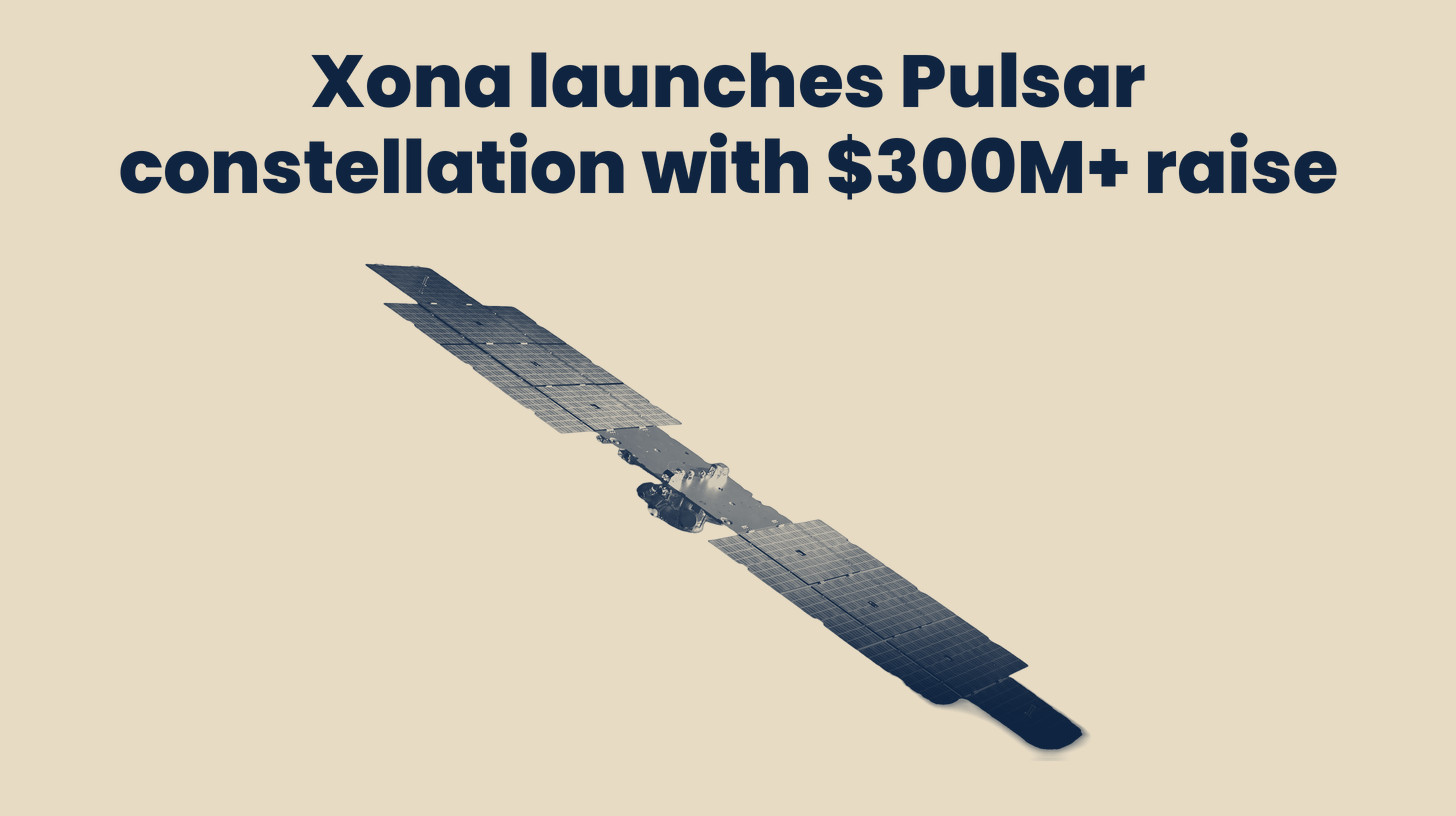 Two-tone Xona Space Systems computer rendering, not a photo, of a Pulsar navigation satellite in orbit, cut out on a sand background, set below the headline "Xona launches Pulsar constellation with $300M+ raise."